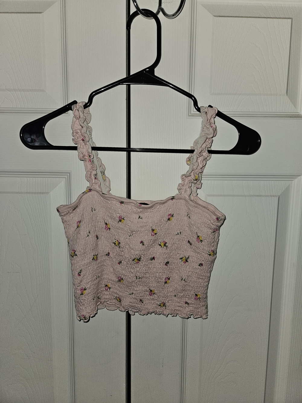 Forever 21 Pink Floral Smocked Crop Cami with Ruffled Straps